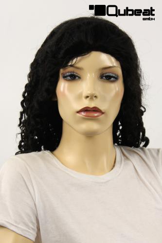Perücken Damen Lang schwarz Echthaar Lockig Alltag Stylisch 80er Jahre Party handgenüpft ca. 60 cm